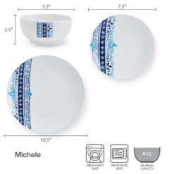 Michele 12 Piece Dinnerware Set, Service For 4 14 Michele 12 Piece Dinnerware Set, Service For 4 -Kitchen Supplies Store 5293644 SN Michele dims Infographic