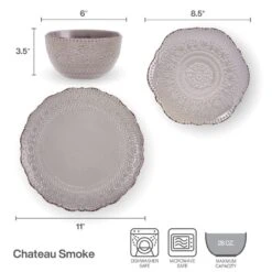 Chateau Smoke 12 Piece Dinnerware Set, Service For 4 16 Chateau Smoke 12 Piece Dinnerware Set, Service For 4 -Kitchen Supplies Store 5296080 PFZ Chateau Smoke 3pc Set Infographic