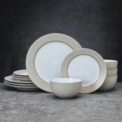 Grayson Taupe 12 Piece Dinnerware Set, Service For 4 13 Grayson Taupe 12 Piece Dinnerware Set, Service For 4 -Kitchen Supplies Store 5296694 GraysonTaupe 12pc lifestyle frontview
