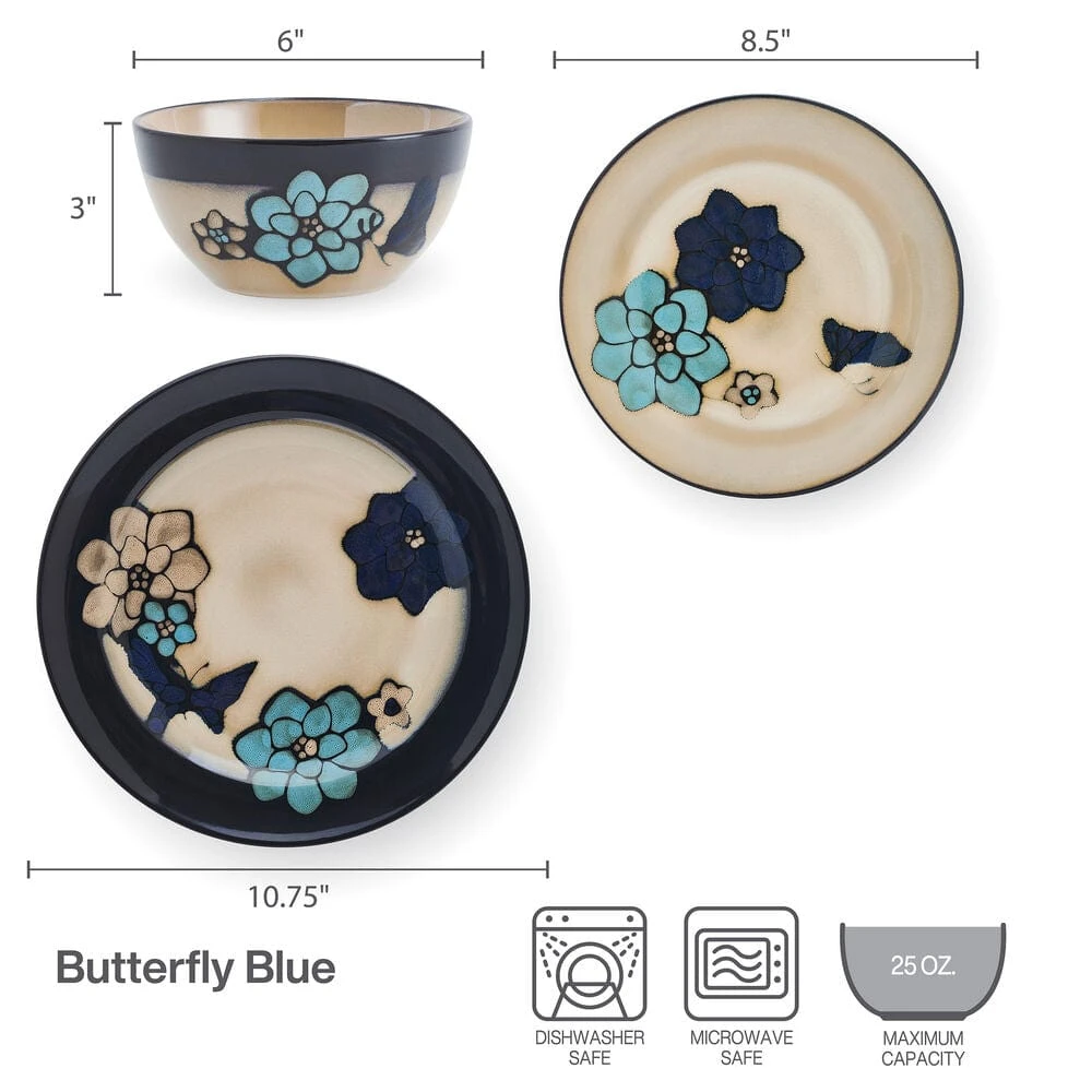 Painted Butterfly Blue 12 Piece Dinnerware Set, Service For 4 7 Painted Butterfly Blue 12 Piece Dinnerware Set, Service For 4 - Image 5