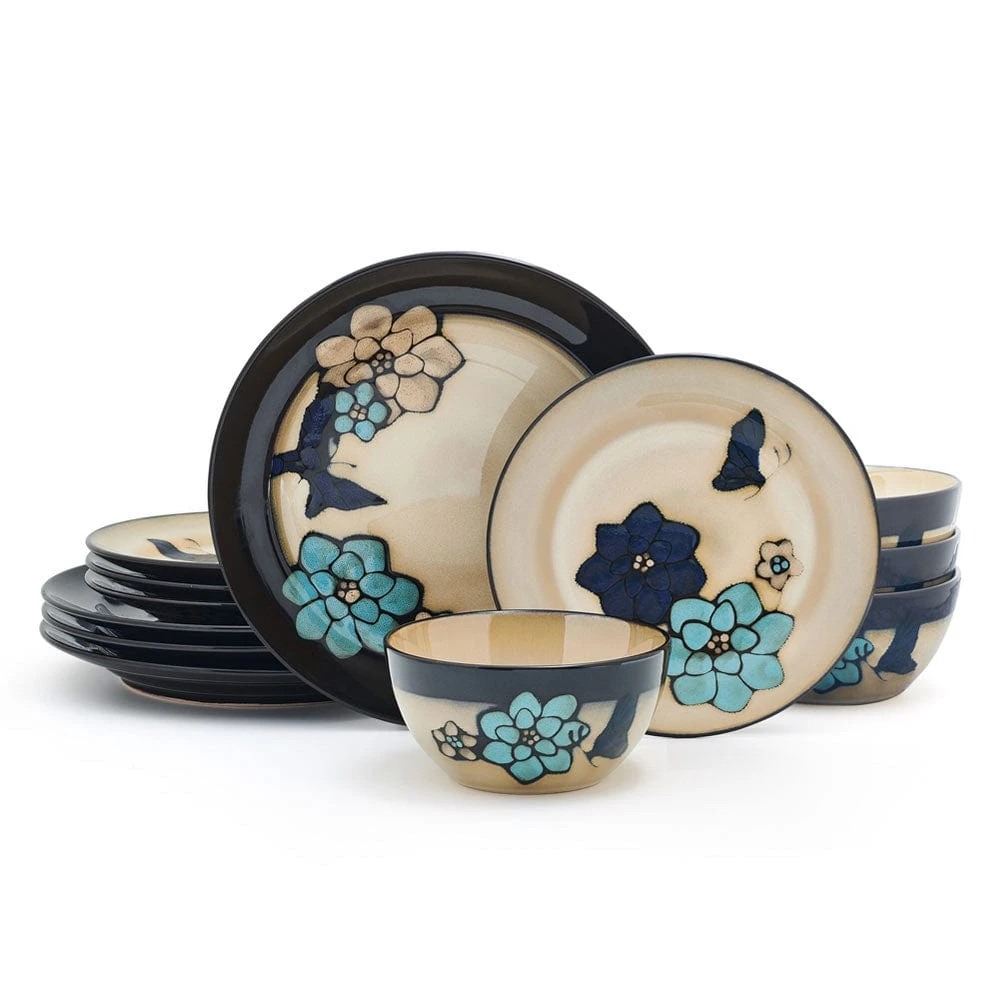 Painted Butterfly Blue 12 Piece Dinnerware Set, Service For 4 3 Painted Butterfly Blue 12 Piece Dinnerware Set, Service For 4
